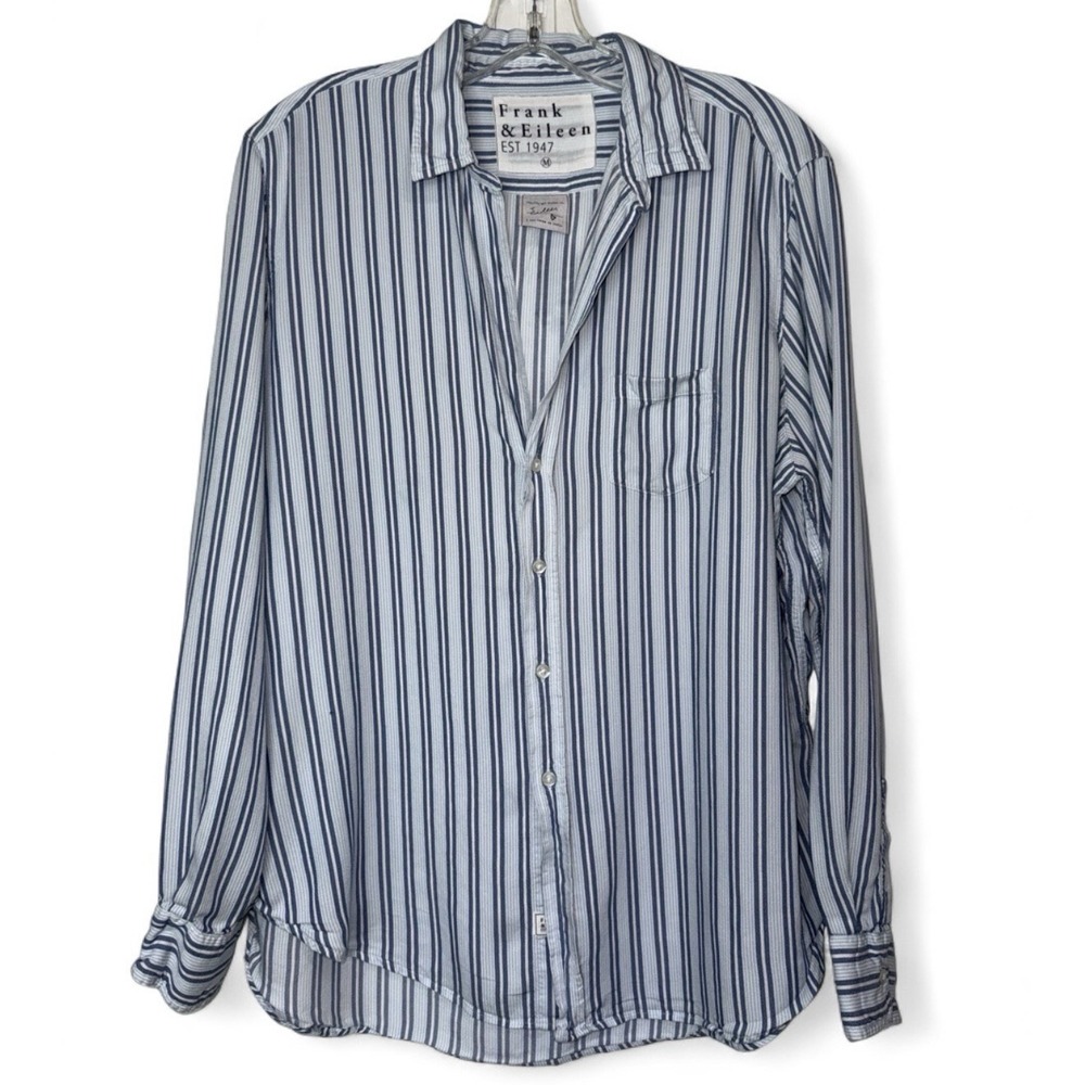 Frank & Eileen EILEEN Shirt Womens Medium Blue Stripe 100% Modal Italian Fabric